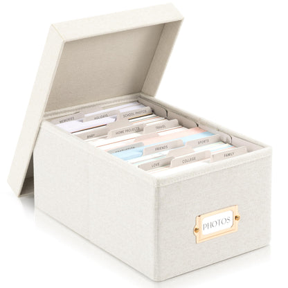 Decorative Photo Storage Box - Sturdy Linen Photo Organizer with Dividers - Stores Up to 850 4x6 Photos - Portable Scrapbook Storage Container with Lid