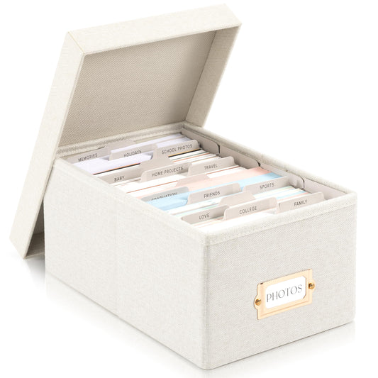 ZICOTO Decorative Photo Storage Box - Sturdy Linen Photo Organizer with Dividers is Perfect to Store Up to 850 Pictures and 4x6 Photos - Portable Scrapbook Storage Containers with Lid