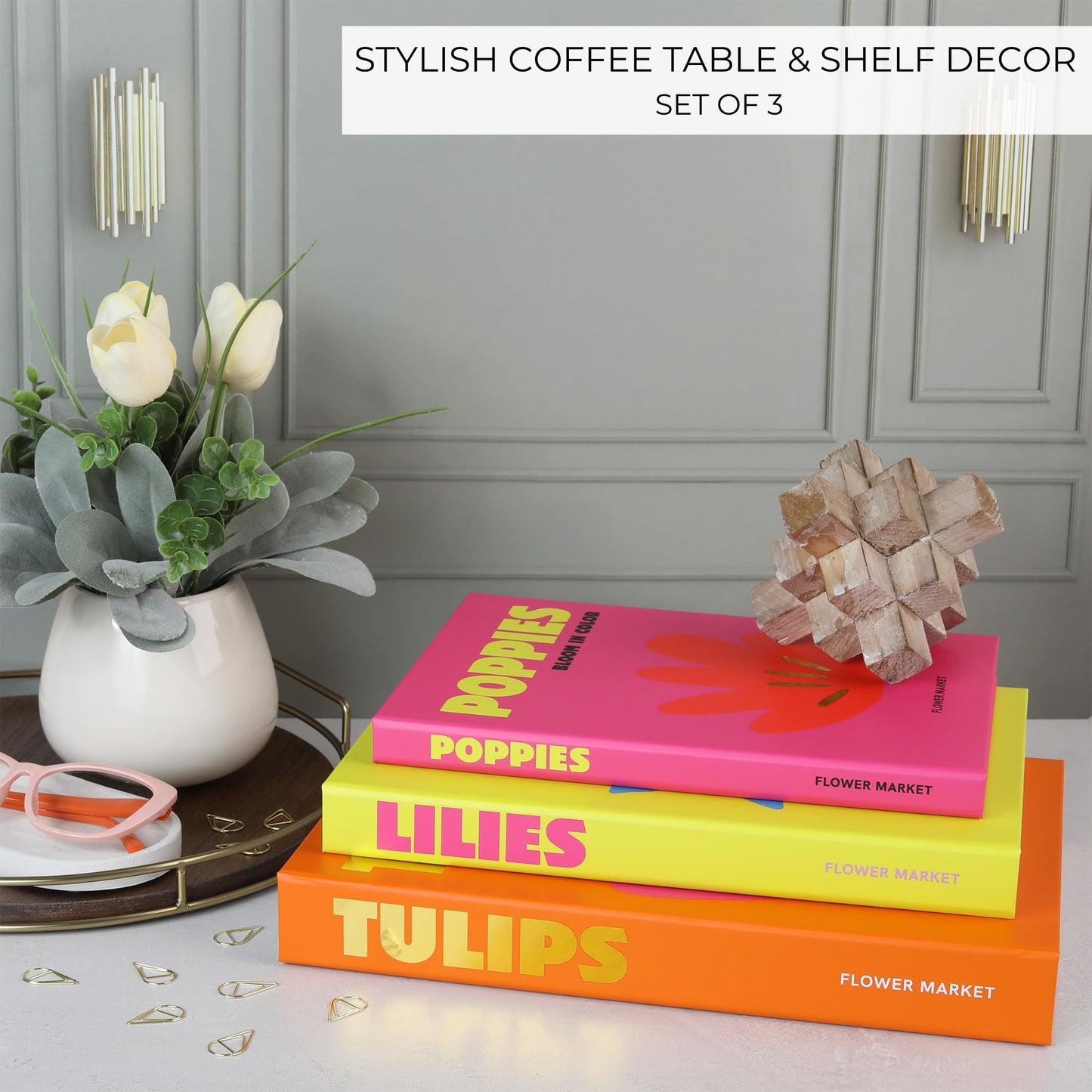 Beautiful Decorative Books Set of 3 - Preppy Room Decor Boxes Enhance Your Coffee Table, Bookshelf or Mantel Decor - Stylish Fake/Faux Books for Modern Home Decoration and Photo Storage