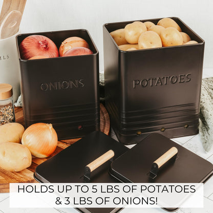 Beautiful Potato and Onion Storage Container Set - Perfectly Sized Spacious Canisters For Your Kitchen Counter Or Pantry - Quality Food Safe Metal Bins Keep Your Produce/Vegetables Fresh Longer