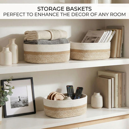 Beautiful Storage Basket Set of 3 - Sturdy Cotton Rope Baskets for Shelves Are Perfect for Organizing Your Home - Quality Storage Bins Easily Fit With Any Nursery or Bedroom Decor
