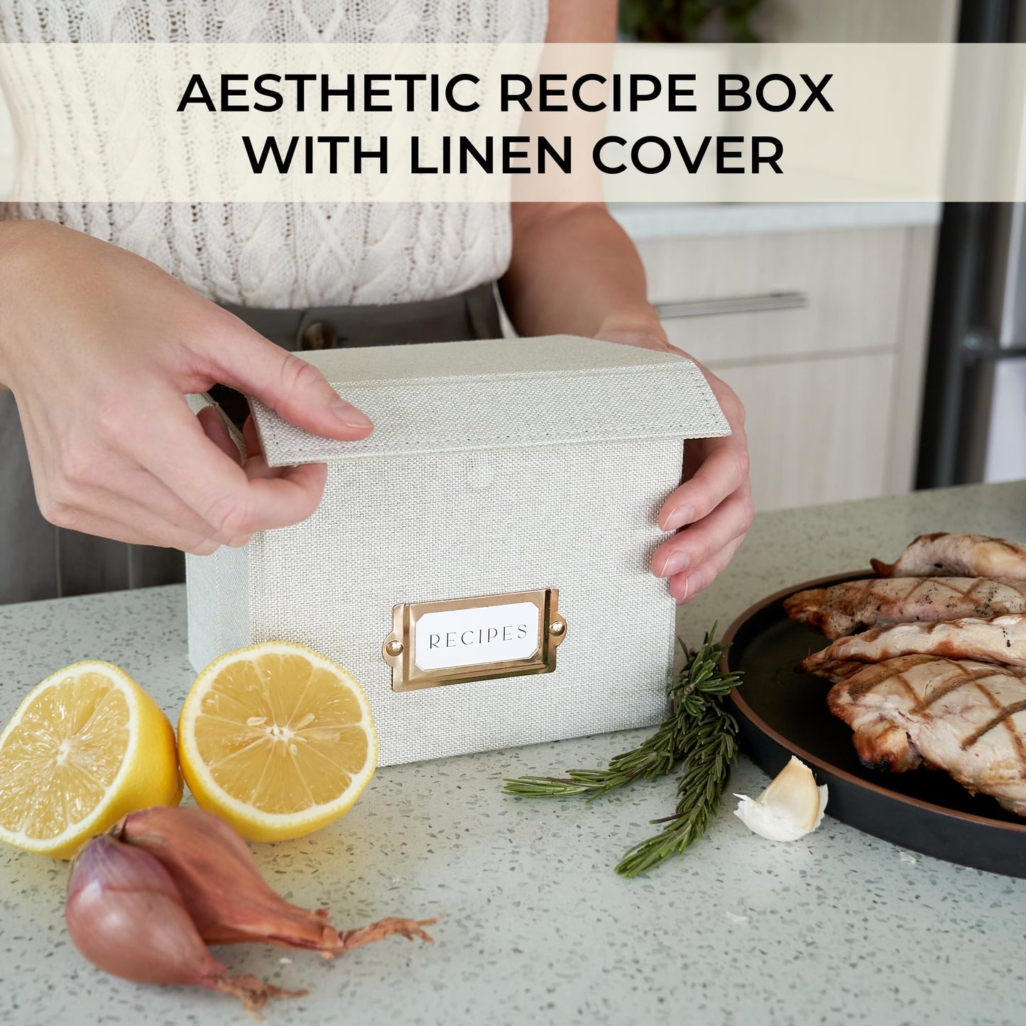ZICOTO Beautiful Linen Recipe Box - Fits 4x6 inch Recipe Cards to Organize Up to 250 Recipes - Sturdy Card Holder and Great Gift for Any Kitchen - Cards Not Incl.
