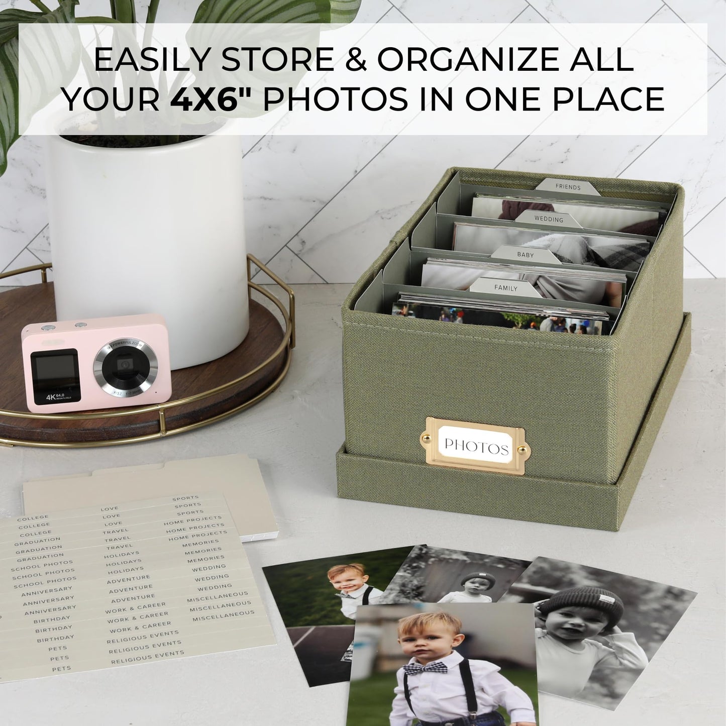 Decorative Photo Storage Box - Sturdy Linen Photo Organizer with Dividers - Stores Up to 850 4x6 Photos - Portable Scrapbook Storage Container with Lid