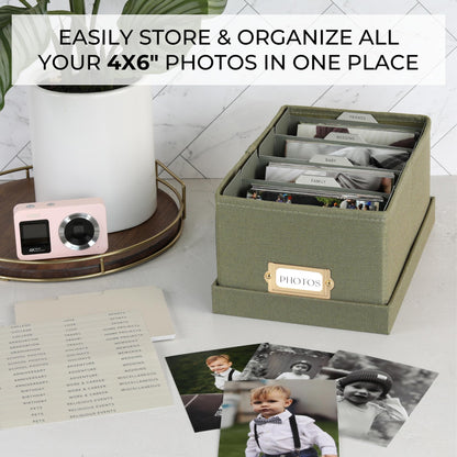 Decorative Photo Storage Box - Sturdy Linen Photo Organizer with Dividers - Stores Up to 850 4x6 Photos - Portable Scrapbook Storage Container with Lid