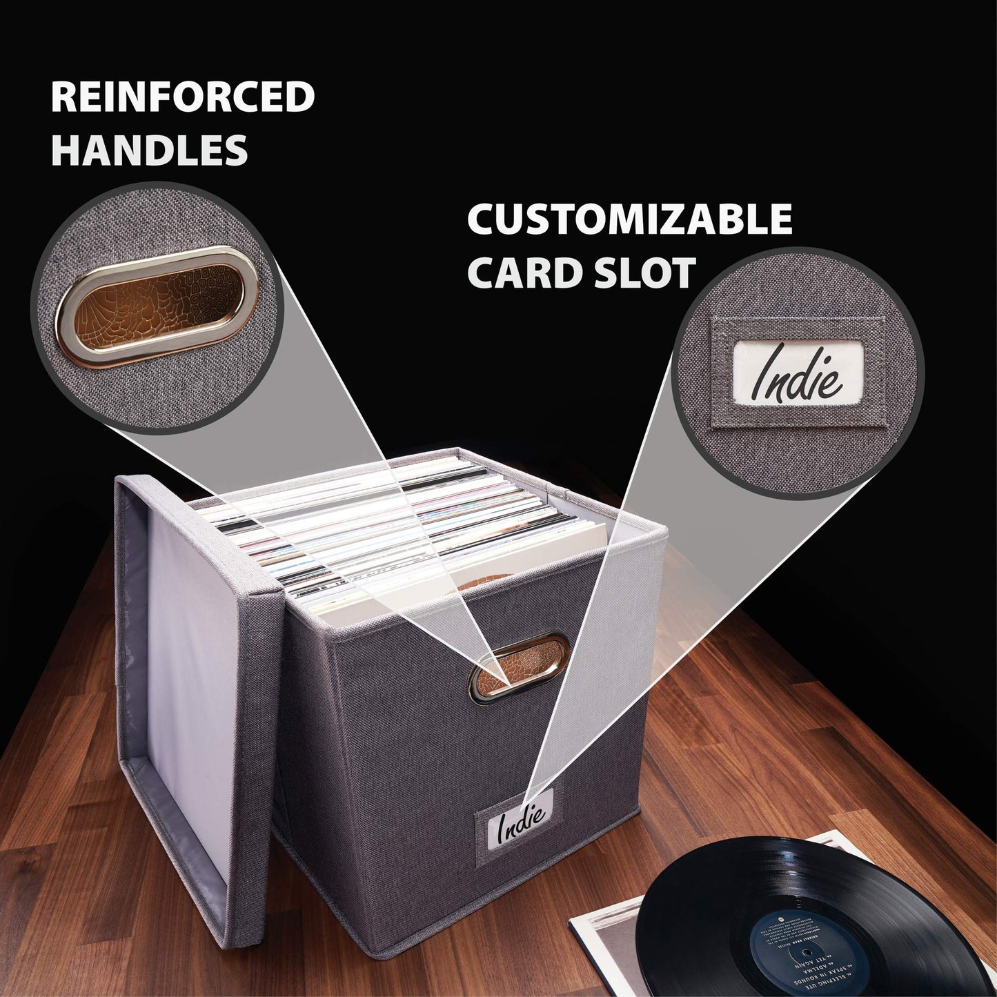 ZICOTO Decorative Vinyl Record Storage Box for 50+ Single Records - Sturdy and Easy to Carry LP Holder with Lid - The Perfect Storage Crate for Your Valuable Album Collection