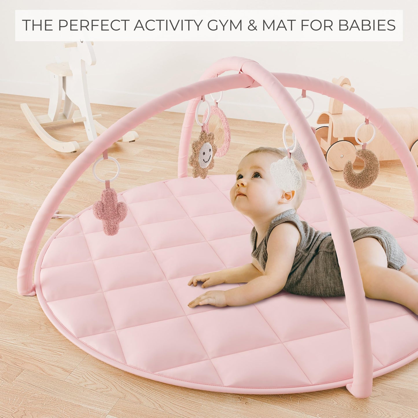 Beautiful Baby Play Gym and Tummy Time Mat - Soft Cotton Mat with 6 Cute Toys Creates The Perfect Activity Area for Your Girl/Boy - Stylish Infant Floor Playmat Fits Nicely with Any Playroom Decor