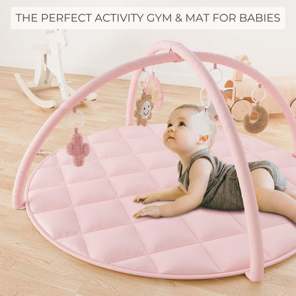 Beautiful Baby Play Gym and Tummy Time Mat - Soft Cotton Mat with 6 Cute Toys Creates The Perfect Activity Area for Your Girl/Boy - Stylish Infant Floor Playmat Fits Nicely with Any Playroom Decor