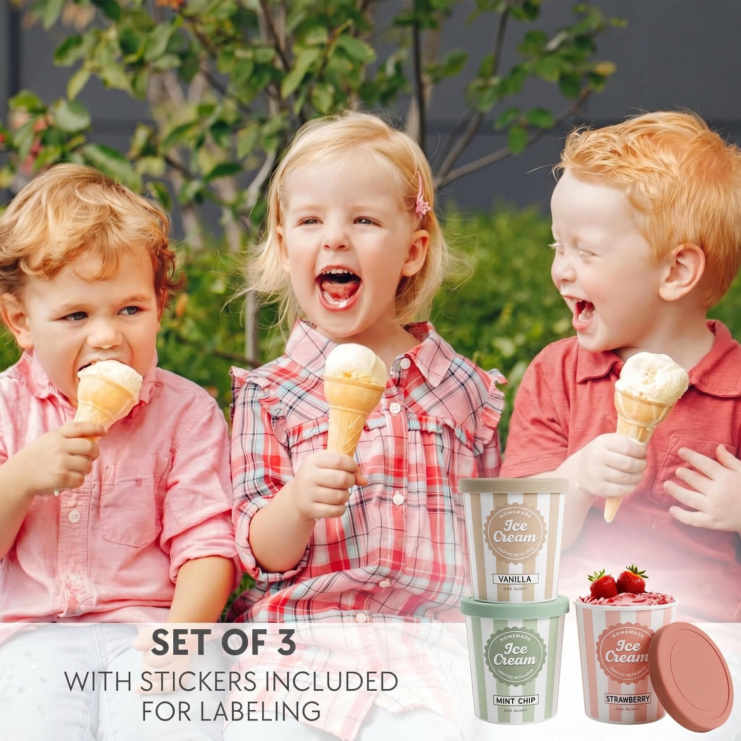 ZICOTO Set of 3 Reusable Ice Cream Containers 1 Quarts ea. - Perfect for Homemade Sorbet, Frozen Yogurt Or Gelato - Stackable Storage Pint Containers, Stickers And Lids Stores Easily In Freezer
