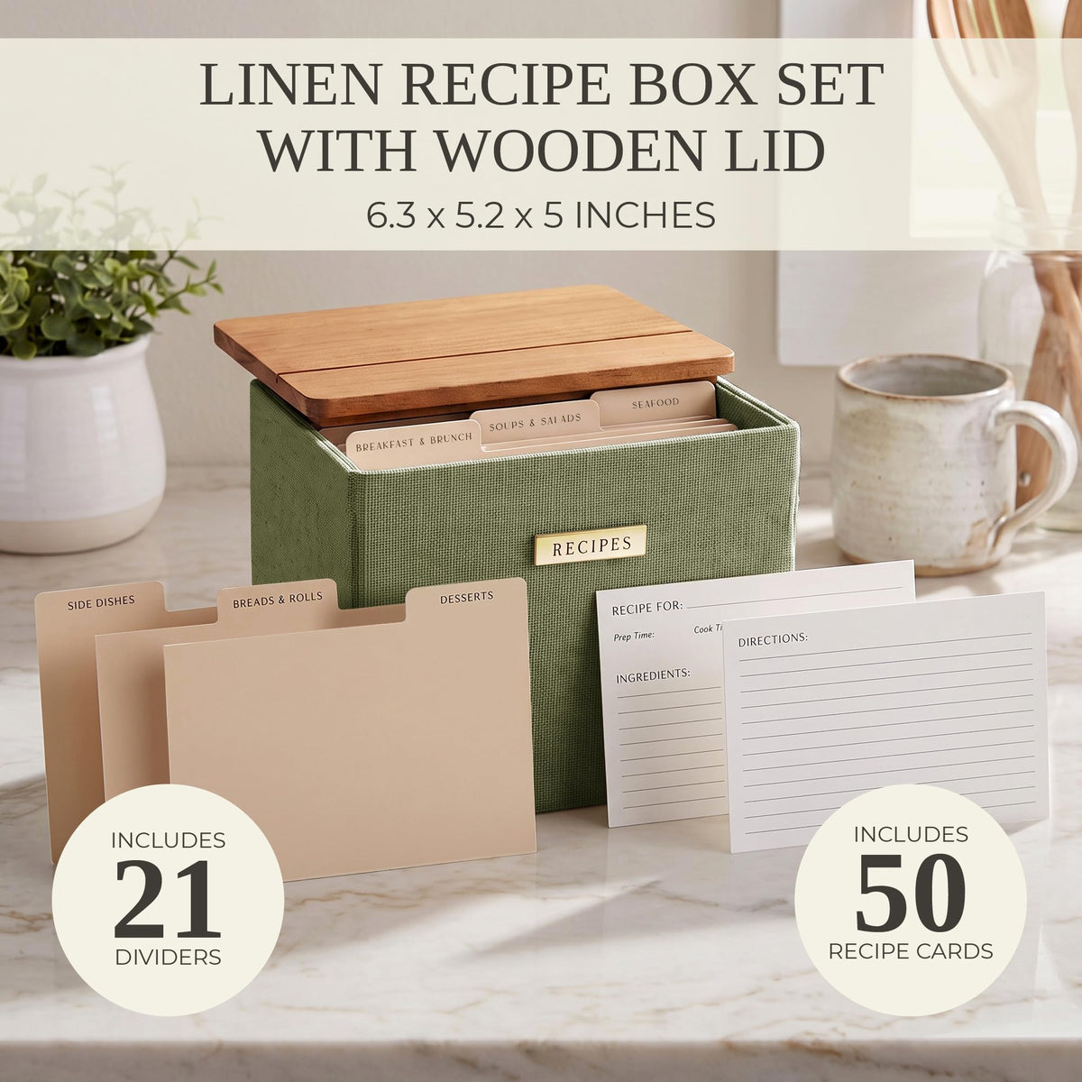 Beautiful Recipe Box with Wooden Lid - Incl. 50x 4x6" Recipe Cards and Matching Dividers to Easily Organize Up to 250 Recipes - A Sturdy Card Holder And Great Gift that Perfectly Fits into Any Kitchen