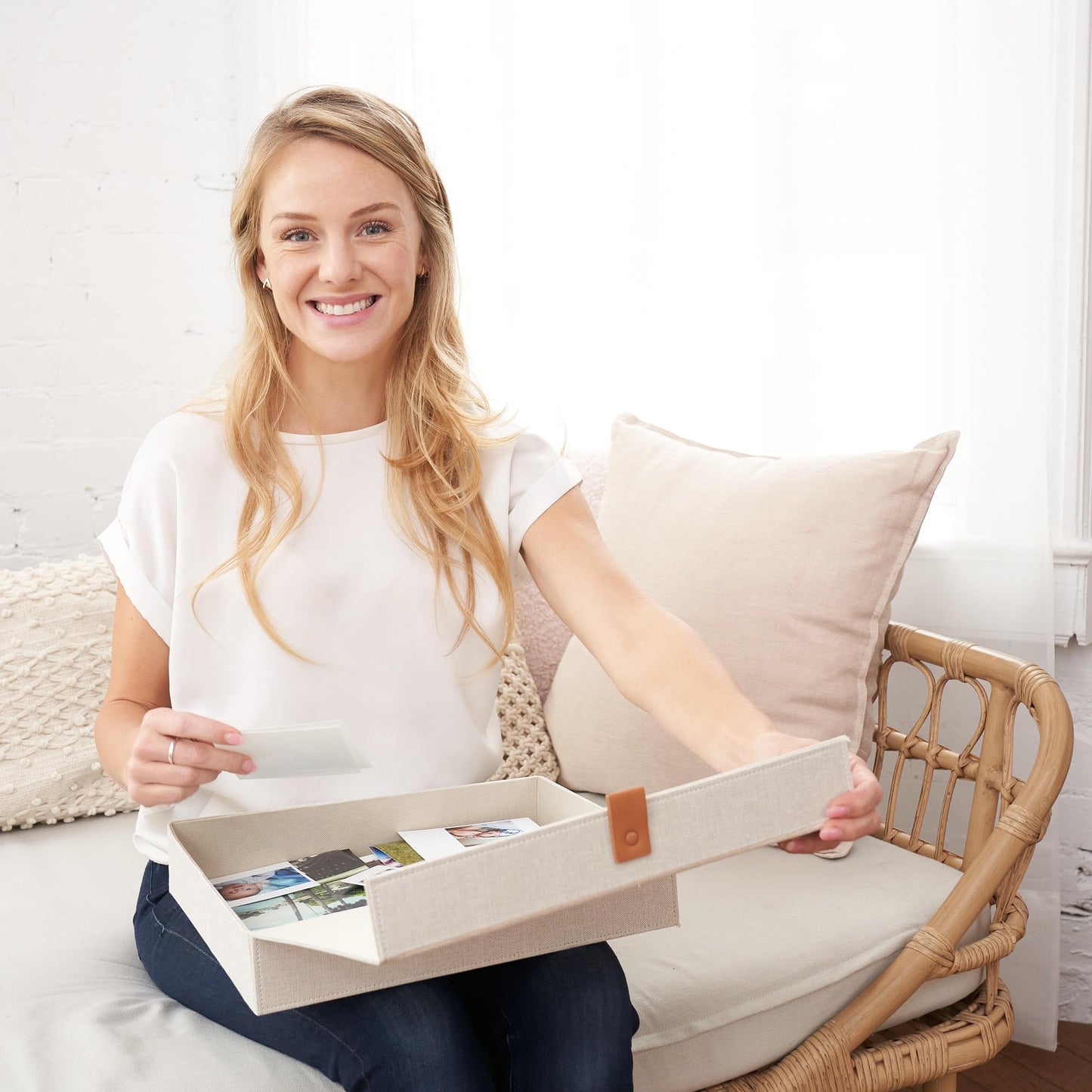 ZICOTO Decorative Photo Storage Box with Lid - A Beautiful Linen Organizer Perfect to Safely Store Your Pictures, Documents, Scrapbooking Supplies, Keepsakes and Other Memories in Style