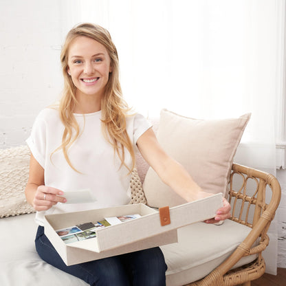 ZICOTO Decorative Photo Storage Box with Lid - A Beautiful Linen Organizer Perfect to Safely Store Your Pictures, Documents, Scrapbooking Supplies, Keepsakes and Other Memories in Style