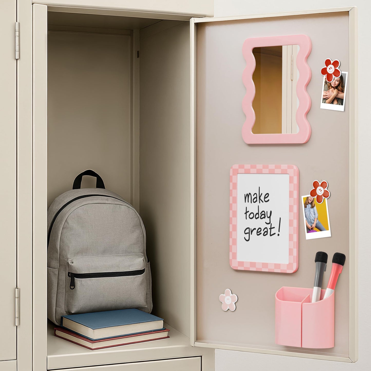 Stylish Locker Accessories Kit for Girls - Includes Mirror, Whiteboard, Pen Holder, Cute Flower Magnets & Marker Set - All-in-One School Locker Decor & Organizer Set to Brighten Up Your School Day