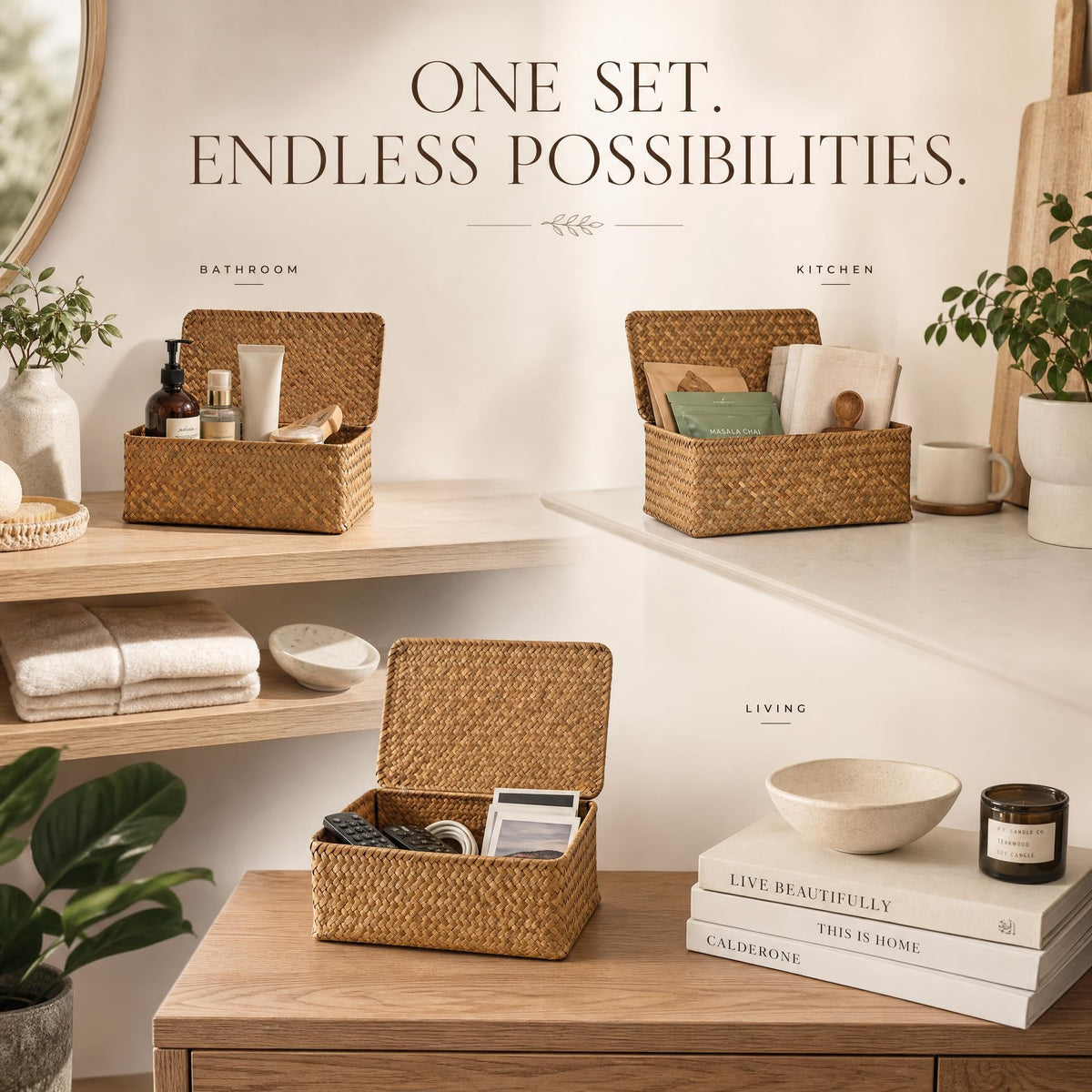 Decorative Wicker Storage Boxes with Lids - Set of 3 Seagrass Organizers