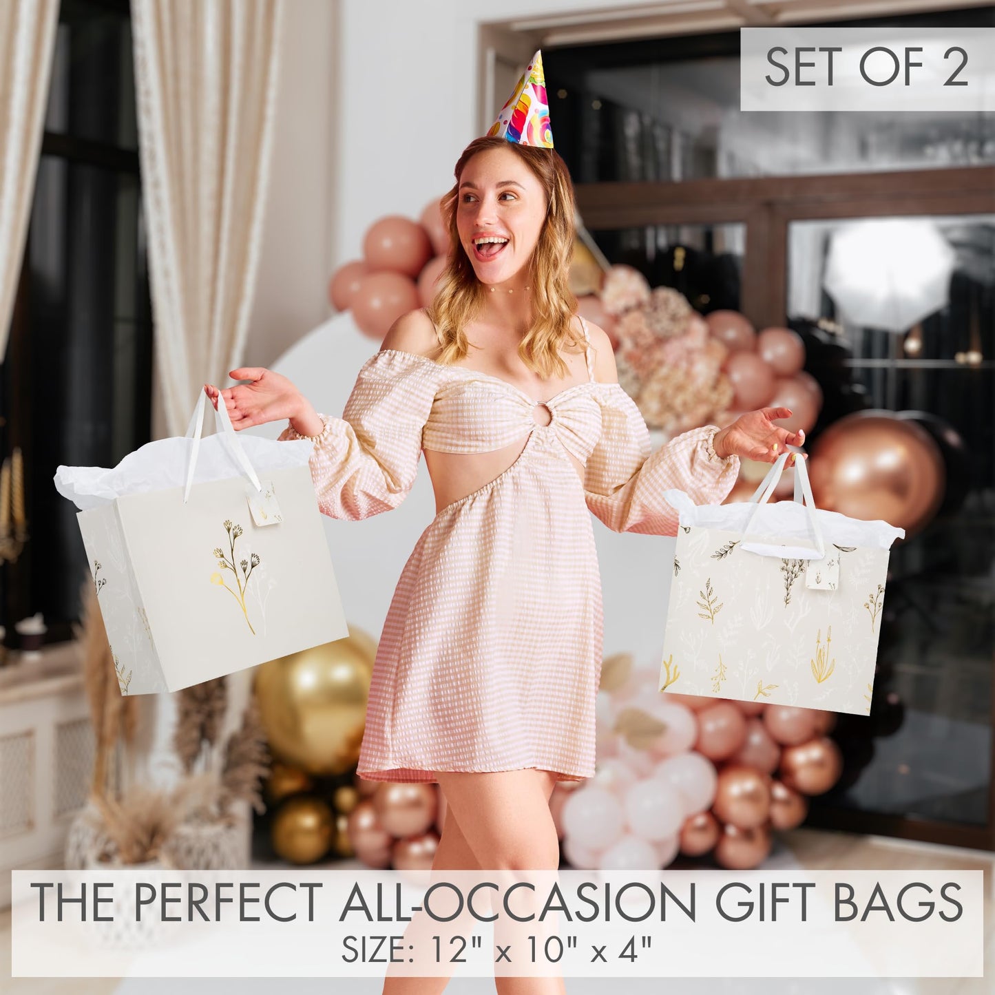 Beautiful Gift Bags Set of 2 - Large 13" Bags with Handles incl. Matching Tissue Paper, Cards & Stickers - Reusable and Perfect For Presents of Any Birthday, Weddings, Mothers Day & Special Occasion