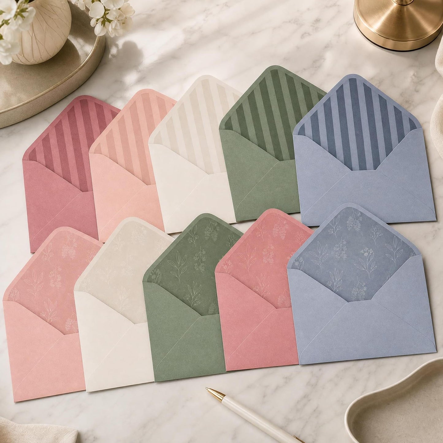 Elegant Set of 50 Invitation Envelopes 5x7 - Beautiful Self-Sealing A7 Premium Envelopes in 5 Colors Incl. Sage Green - The Perfect Set for Weddings, Bridal Shower, Engagement and Anniversary Cards