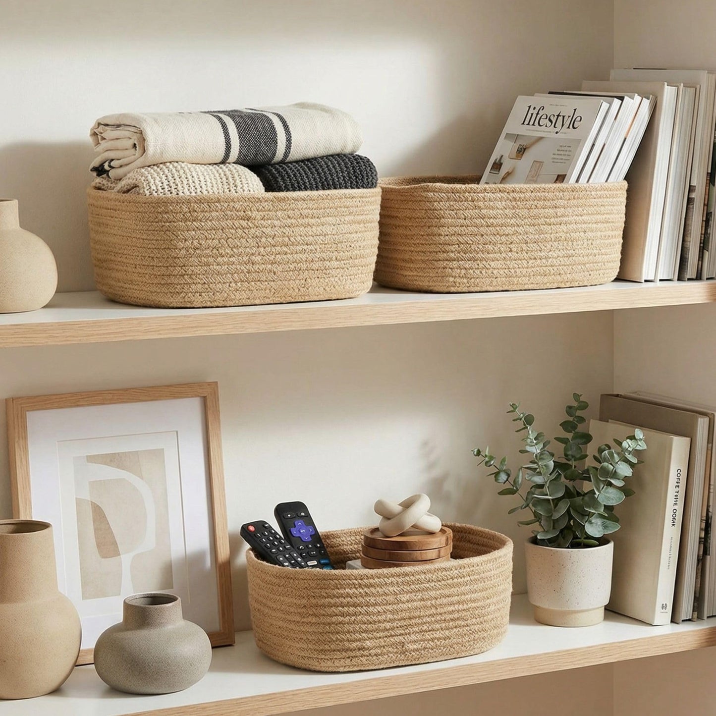 Beautiful Storage Basket Set of 3 - Sturdy Cotton Rope Baskets for Shelves Are Perfect for Organizing Your Home - Quality Storage Bins Easily Fit With Any Nursery or Bedroom Decor