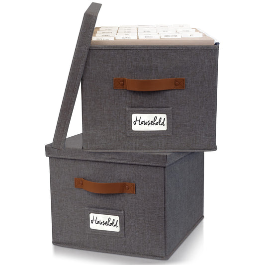 ZICOTO Decorative File Organizer Box Set of 2 - Collapsible Linen Filing Cabinets w/Handles Are Perfect to Store all Your Documents & Hanging File Folders - Portable Easy Slide Crates with Lid