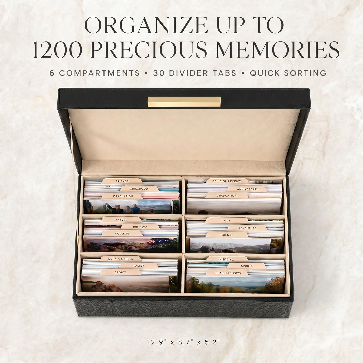 ZICOTO Decorative Photo Storage Box - Sturdy Linen Photo Organizer with Dividers is Perfect to Store Up to 1200 Pictures and 4x6 Photos - Portable Scrapbook Storage Containers with Lid