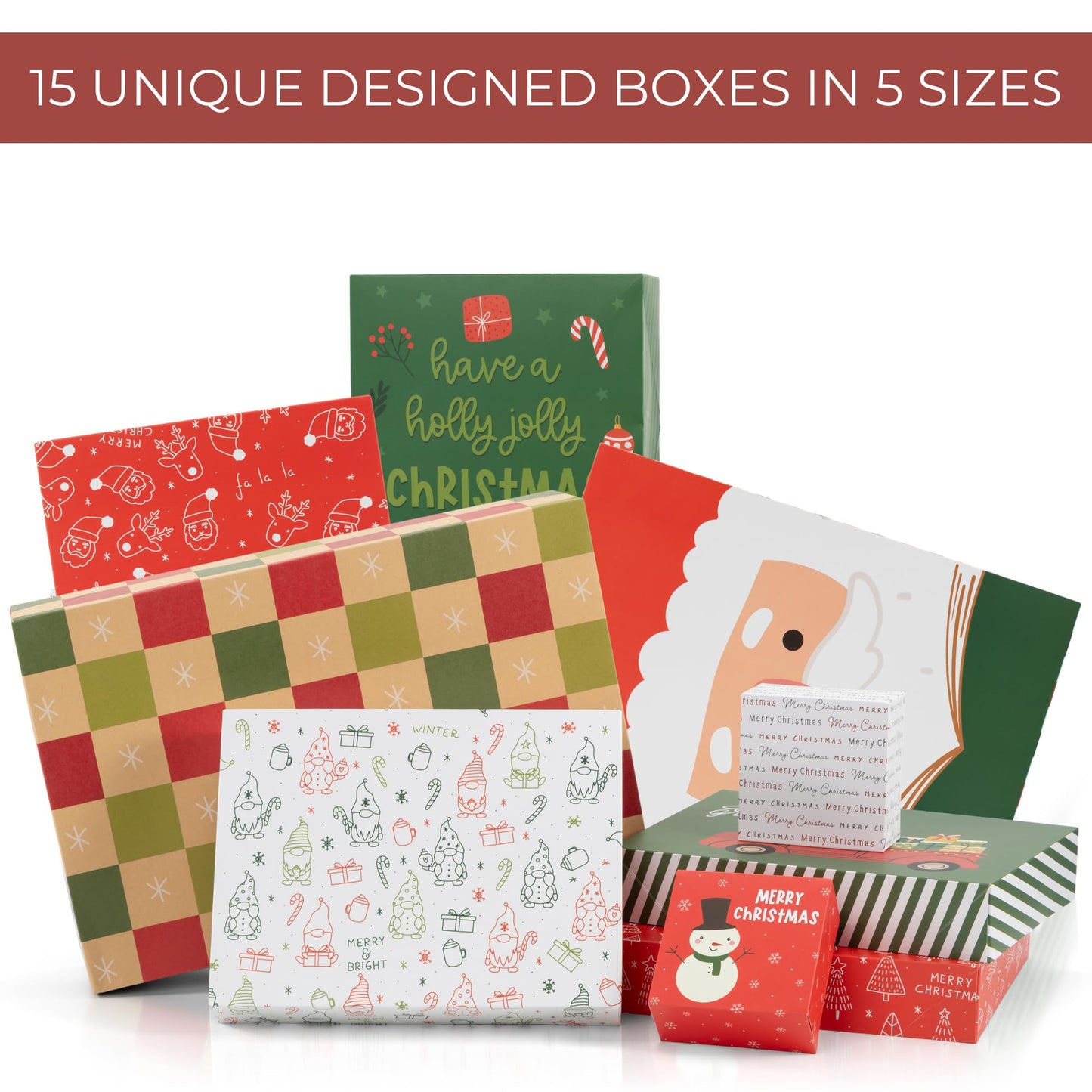 ZICOTO Beautiful Christmas Gift Boxes Set of 15 - Stylish Holiday Present Boxes with Assorted Festive Designs for Easy Christmas Gift Wrapping - Perfect Variety Set for Shirts, Clothing and More