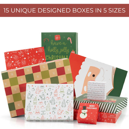 ZICOTO Beautiful Christmas Gift Boxes Set of 15 - Stylish Holiday Present Boxes with Assorted Festive Designs for Easy Christmas Gift Wrapping - Perfect Variety Set for Shirts, Clothing and More