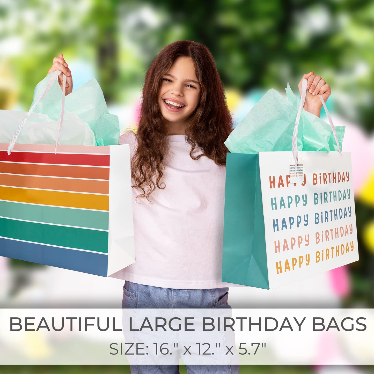 ZICOTO Beautiful Birthday Gift Bags Set of 2 - Large 16" Bags with Handles incl. Matching Tissue Paper, Cards & Stickers - Reusable and Perfect For Kids Presens
