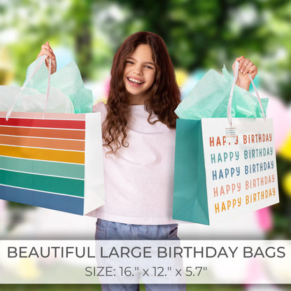 ZICOTO Beautiful Birthday Gift Bags Set of 2 - Large 16" Bags with Handles incl. Matching Tissue Paper, Cards & Stickers - Reusable and Perfect For Kids Presens