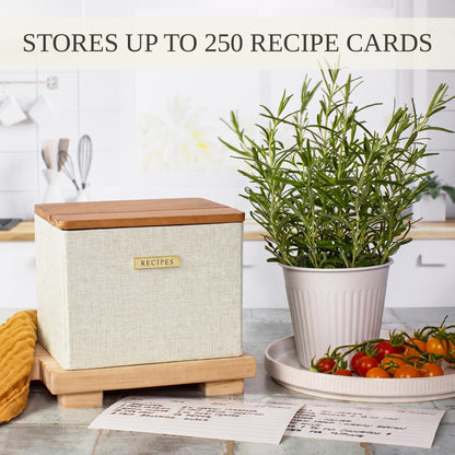 Beautiful Recipe Box with Wooden Lid - Incl. 50x 4x6" Recipe Cards and Matching Dividers to Easily Organize Up to 250 Recipes - A Sturdy Card Holder And Great Gift that Perfectly Fits into Any Kitchen