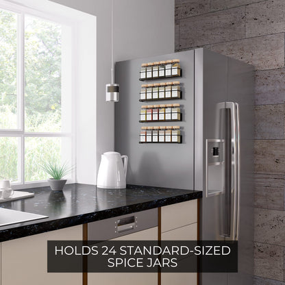 ZICOTO Magnetic Spice Racks for Your Refrigerator - 4 Space Saving Shelves Safely Hold Up to 24 Jars with Extra Strong Magnets - The Perfect Seasoning Storage Organizer For The Fridge