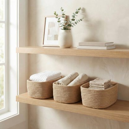 Beautiful Storage Basket Set of 3 - Sturdy Cotton Rope Baskets for Shelves Are Perfect for Organizing Your Home - Quality Storage Bins Easily Fit With Any Nursery or Bedroom Decor