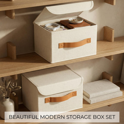 ZICOTO Beautiful Storage Bin with Lid – Foldable Cotton-Linen Fabric Box with PU Leather Handles, Decorative Closet Organizer Cube Reinforced with PP Board