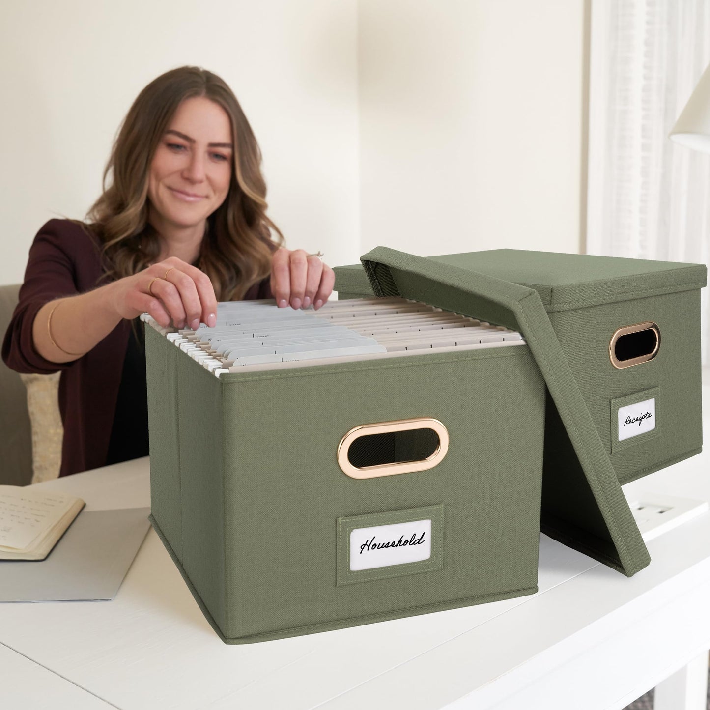 ZICOTO Decorative File Organizer Box Set of 2 - Collapsible Linen Filing Cabinets w/Handles Are Perfect to Store all Your Documents & Hanging File Folders - Portable Easy Slide Crates with Lid