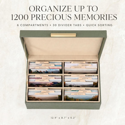 ZICOTO Decorative Photo Storage Box - Sturdy Linen Photo Organizer with Dividers is Perfect to Store Up to 1200 Pictures and 4x6 Photos - Portable Scrapbook Storage Containers with Lid