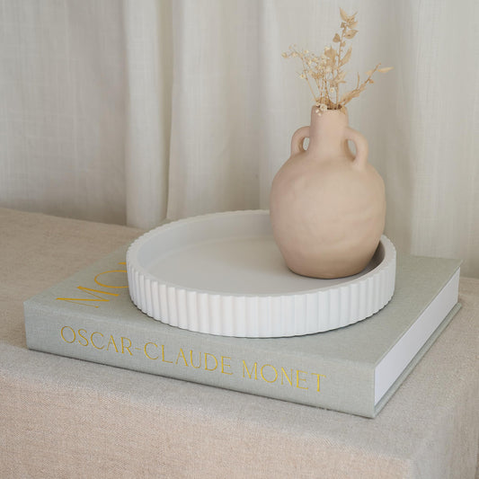 Beautiful Decorative Book and Tray Set - Linen Box and Concrete Tray Enhance Your Coffee Table, Bookshelf or Mantle Decor - Aesthetic Fake/Faux Book for Modern Home Decoration