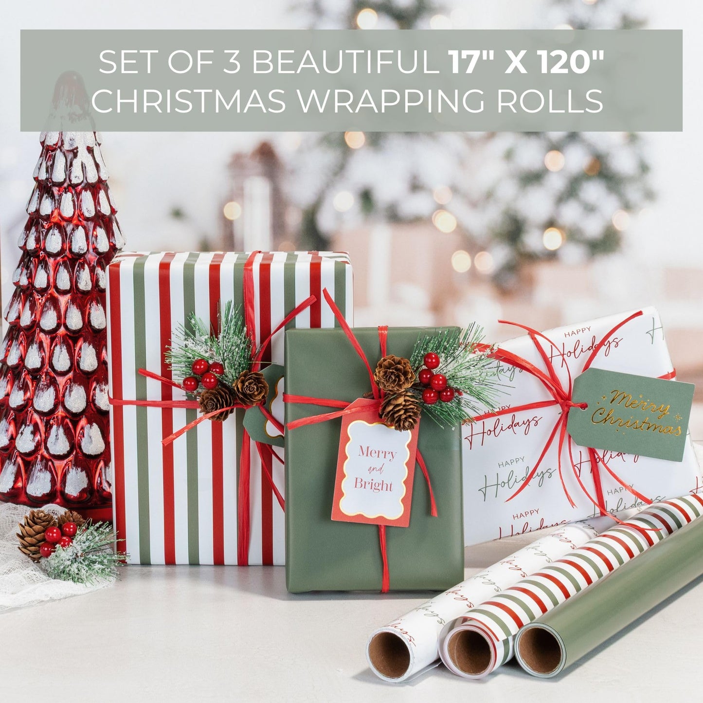 Beautiful Christmas Gift Wrapping Paper Rolls For Small & Medium Size Gifts - Set of 3 Quality Paper Rolls With Vintage Designs - Add a Touch of Magic to Every Gift You Wrap - 17 in x 120 in/Roll