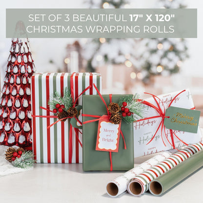 Beautiful Christmas Gift Wrapping Paper Rolls For Small & Medium Size Gifts - Set of 3 Quality Paper Rolls With Vintage Designs - Add a Touch of Magic to Every Gift You Wrap - 17 in x 120 in/Roll