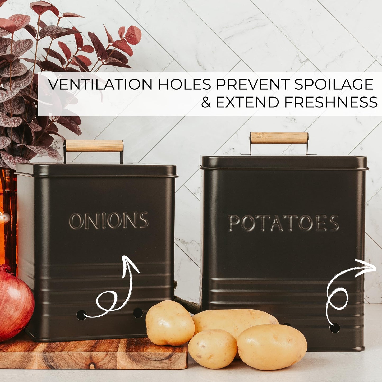 Beautiful Potato and Onion Storage Container Set - Perfectly Sized Spacious Canisters For Your Kitchen Counter Or Pantry - Quality Food Safe Metal Bins Keep Your Produce/Vegetables Fresh Longer