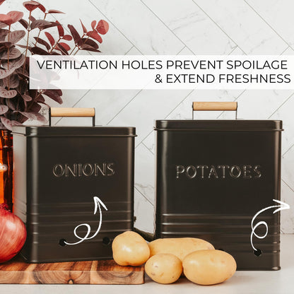 Beautiful Potato and Onion Storage Container Set - Perfectly Sized Spacious Canisters For Your Kitchen Counter Or Pantry - Quality Food Safe Metal Bins Keep Your Produce/Vegetables Fresh Longer