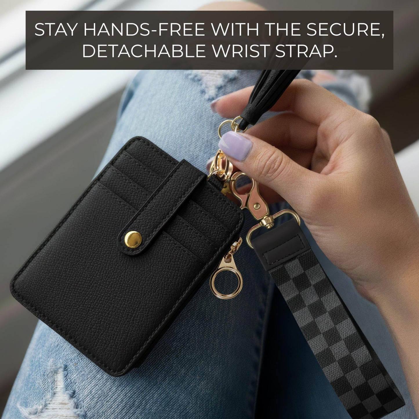 Stylish Wristlet Wallet for Women - Slim Design Credit Card Holder w/ Plenty of Storage incl. Clear ID Window & Zipper Pocket - Easy Carry RFID Blocking Keychain Wallet w/ Tassel, Lanyard & Gold Rings