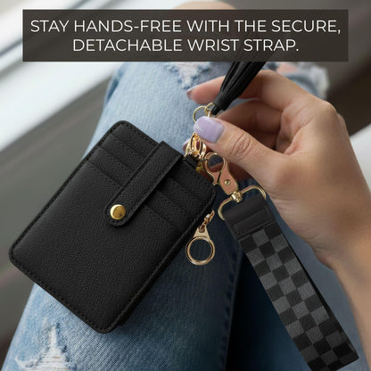 Stylish Wristlet Wallet for Women - Slim Design Credit Card Holder w/ Plenty of Storage incl. Clear ID Window & Zipper Pocket - Easy Carry RFID Blocking Keychain Wallet w/ Tassel, Lanyard & Gold Rings
