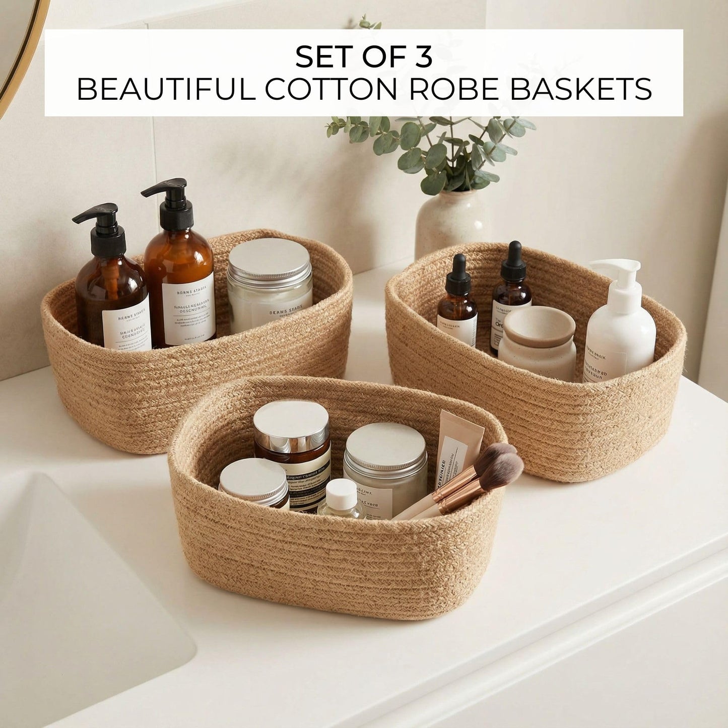 Beautiful Storage Basket Set of 3 - Sturdy Cotton Rope Baskets for Shelves Are Perfect for Organizing Your Home - Quality Storage Bins Easily Fit With Any Nursery or Bedroom Decor