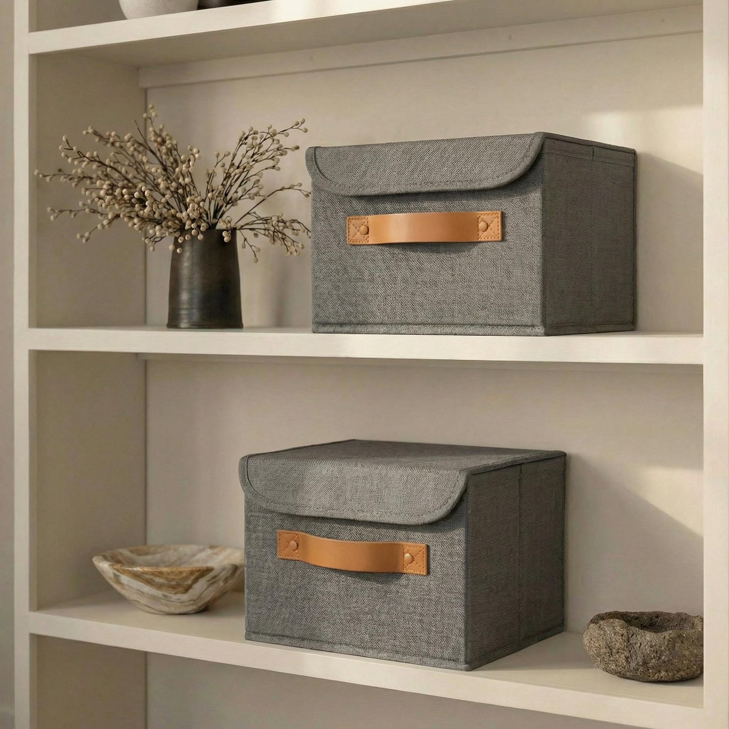 ZICOTO Beautiful Storage Bin with Lid – Foldable Cotton-Linen Fabric Box with PU Leather Handles, Decorative Closet Organizer Cube Reinforced with PP Board