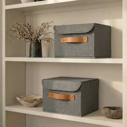 ZICOTO Beautiful Storage Bin with Lid – Foldable Cotton-Linen Fabric Box with PU Leather Handles, Decorative Closet Organizer Cube Reinforced with PP Board