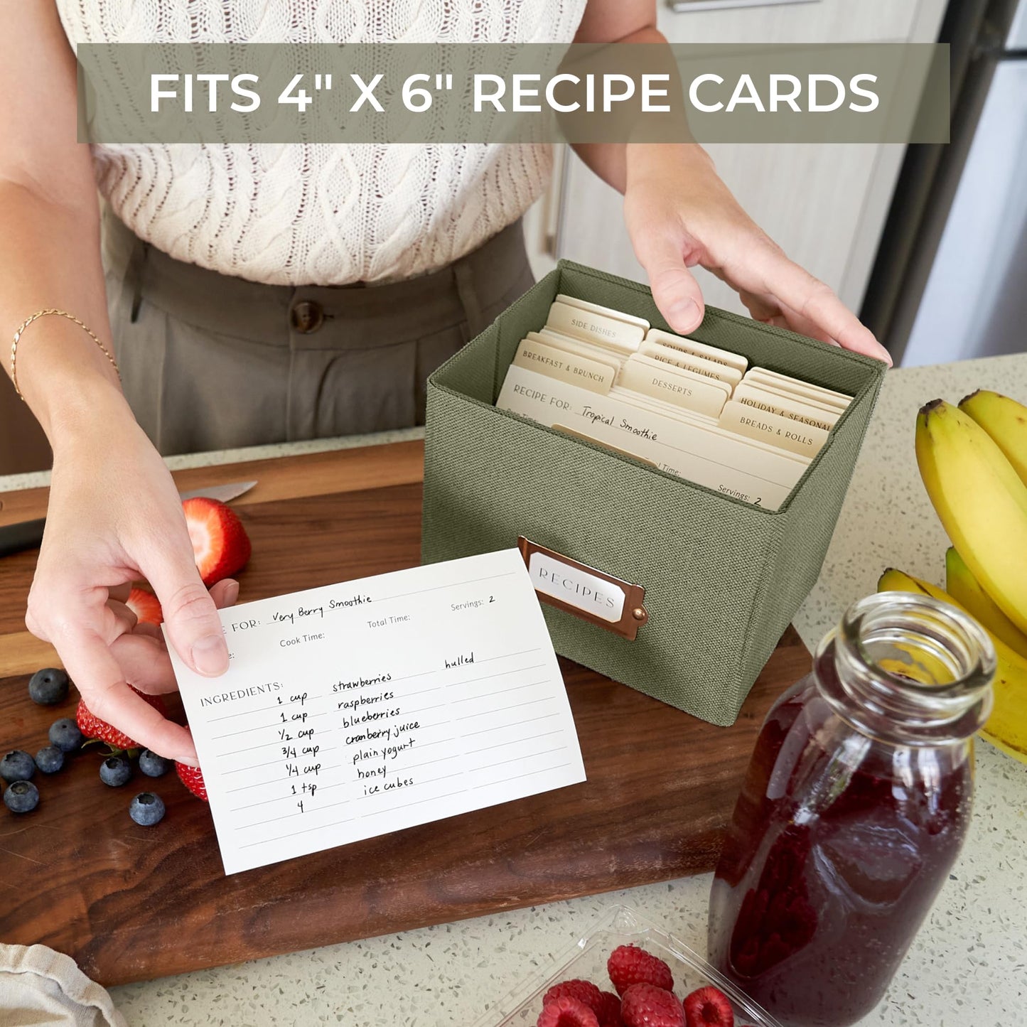 Beautiful Linen Recipe Box Set - Incl. 50x 4x6 inch Recipe Cards and Matching Dividers to Easily Organize Up to 250 Recipes - A Sturdy Card Holder And Great Gift that Perfectly Fits into Any Kitchen