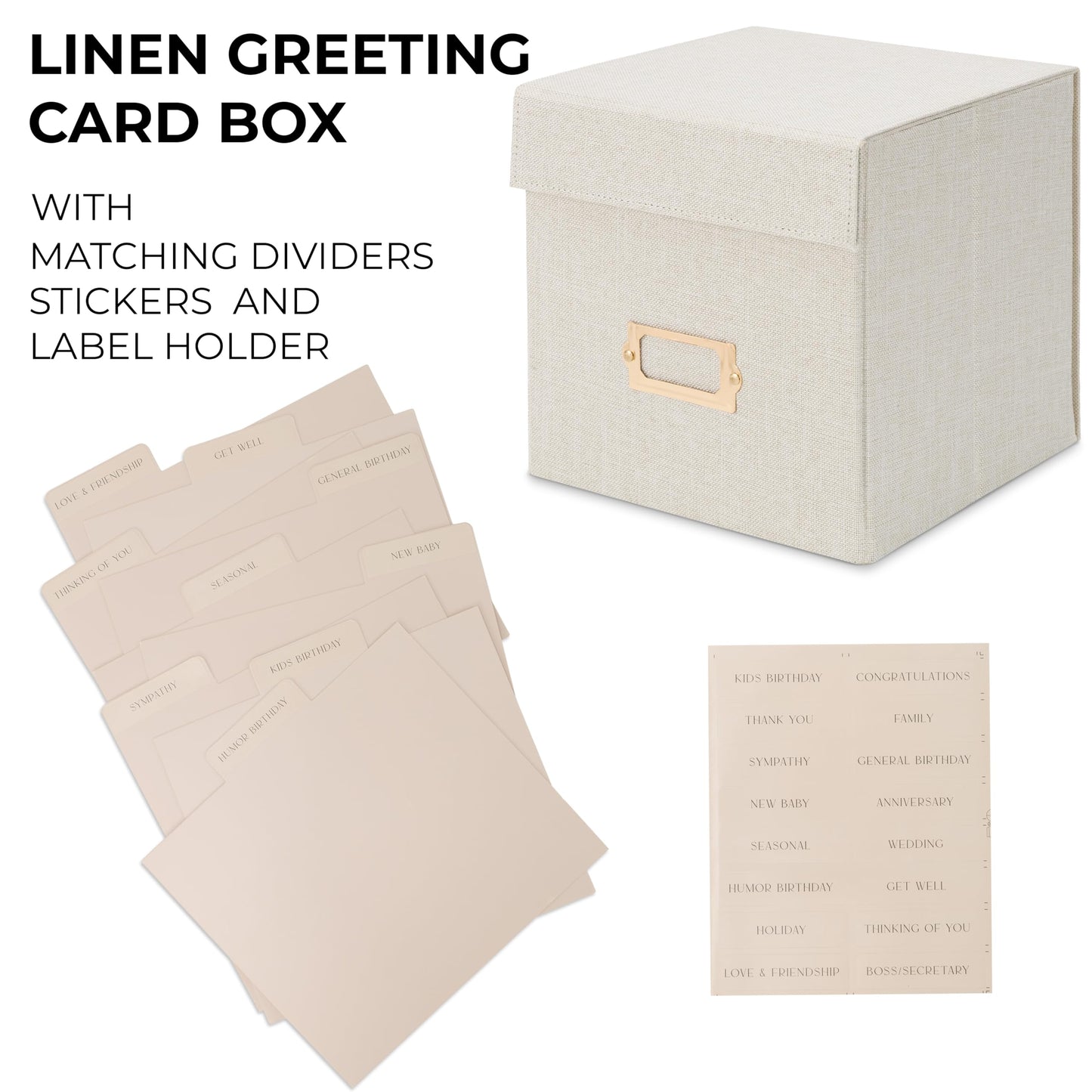 ZICOTO Beautiful Greeting Card Organizer Box With Dividers - Sturdy Linen Storage Box Easily Organizes All Your Greeting Cards in Style - Cute Card Holder Safely Stores Up to 300 Small Or Large Cards