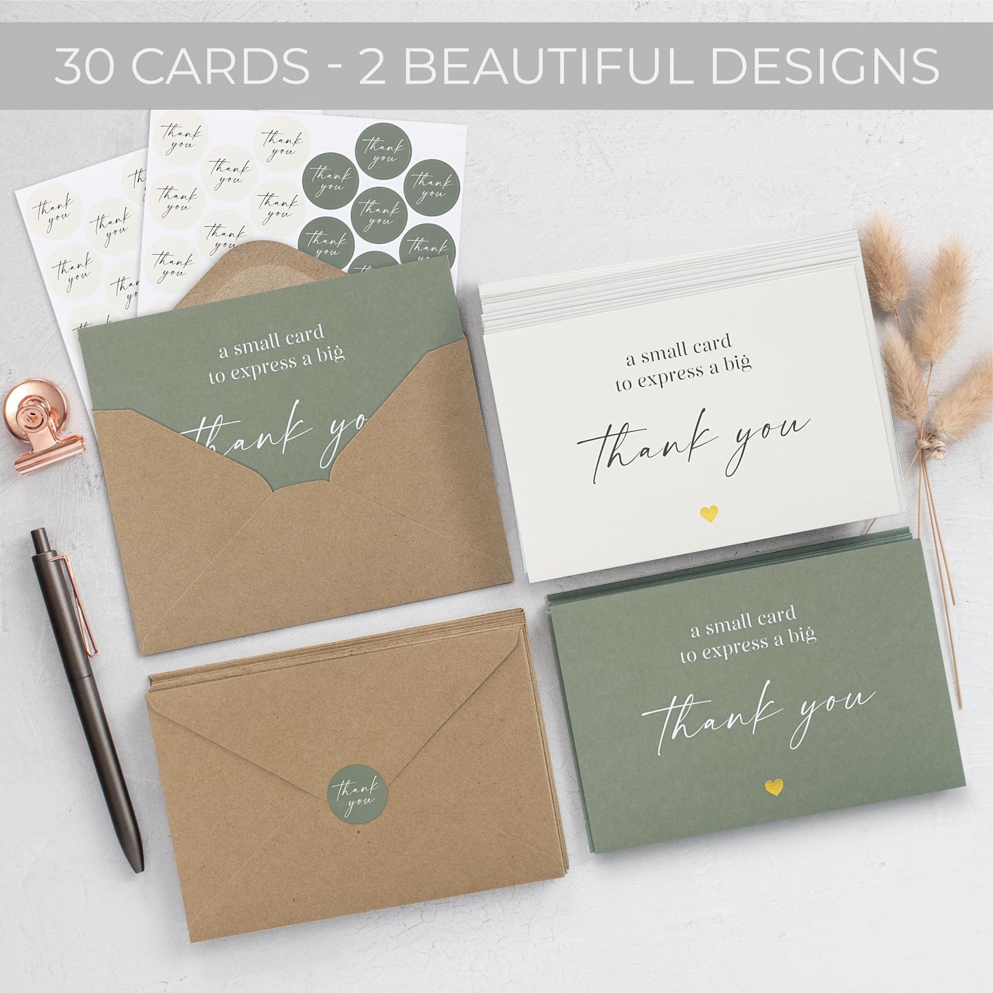 Beautiful Thank You Cards Set of 30 With Envelopes and Stickers - Modern Blank Cards For Personalized Notes - Perfect Bulk Stationary Set For All Occasions incl. Weddings, Business & Baby Showers