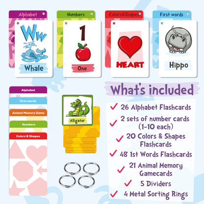 Simplified Flash Cards for Toddlers - 5X Fun Learning Flashcard Sets for Kids - Homeschool Learning Toy for Pre K - K - ABC Alphabet, Numbers, First Words, Colors, Shapes & Memory/Matching Game