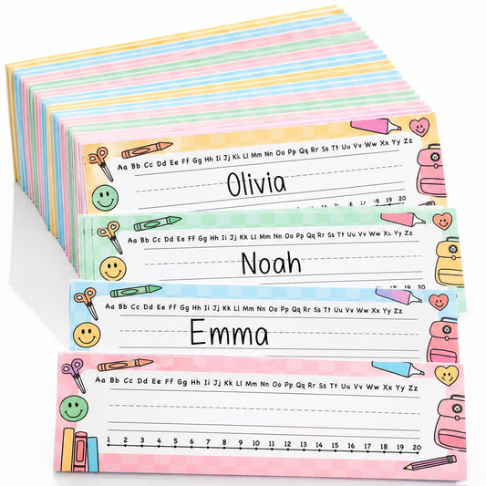 Beautiful Desk Name Tags for Classroom - 36 Checkered Plates in 4 Pastel Colors to Personalize Students School Desks in Style - Modern 14 x 4 in Kids Labels for Classroom Decor & Teacher Supplies
