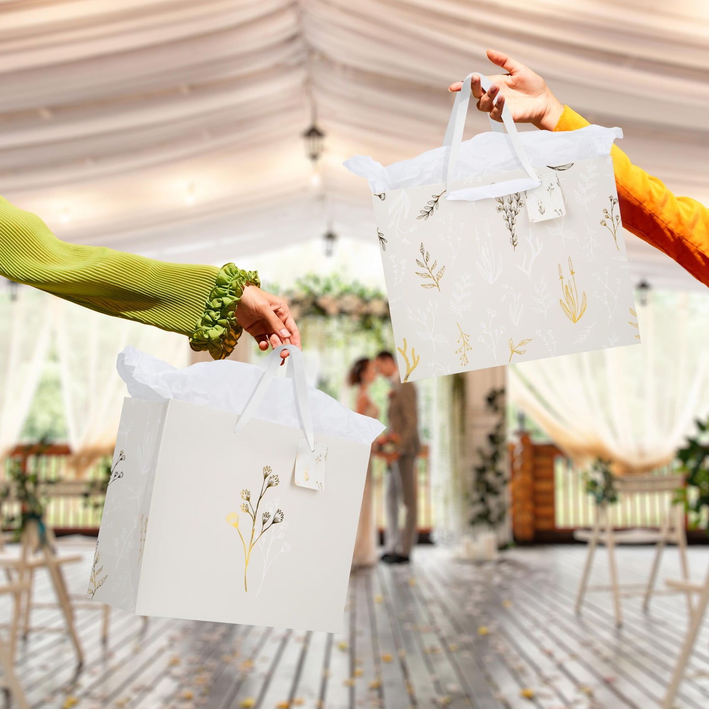 Beautiful Gift Bags Set of 2 - Large 13" Bags with Handles incl. Matching Tissue Paper, Cards & Stickers - Reusable and Perfect For Presents of Any Birthday, Weddings, Mothers Day & Special Occasion