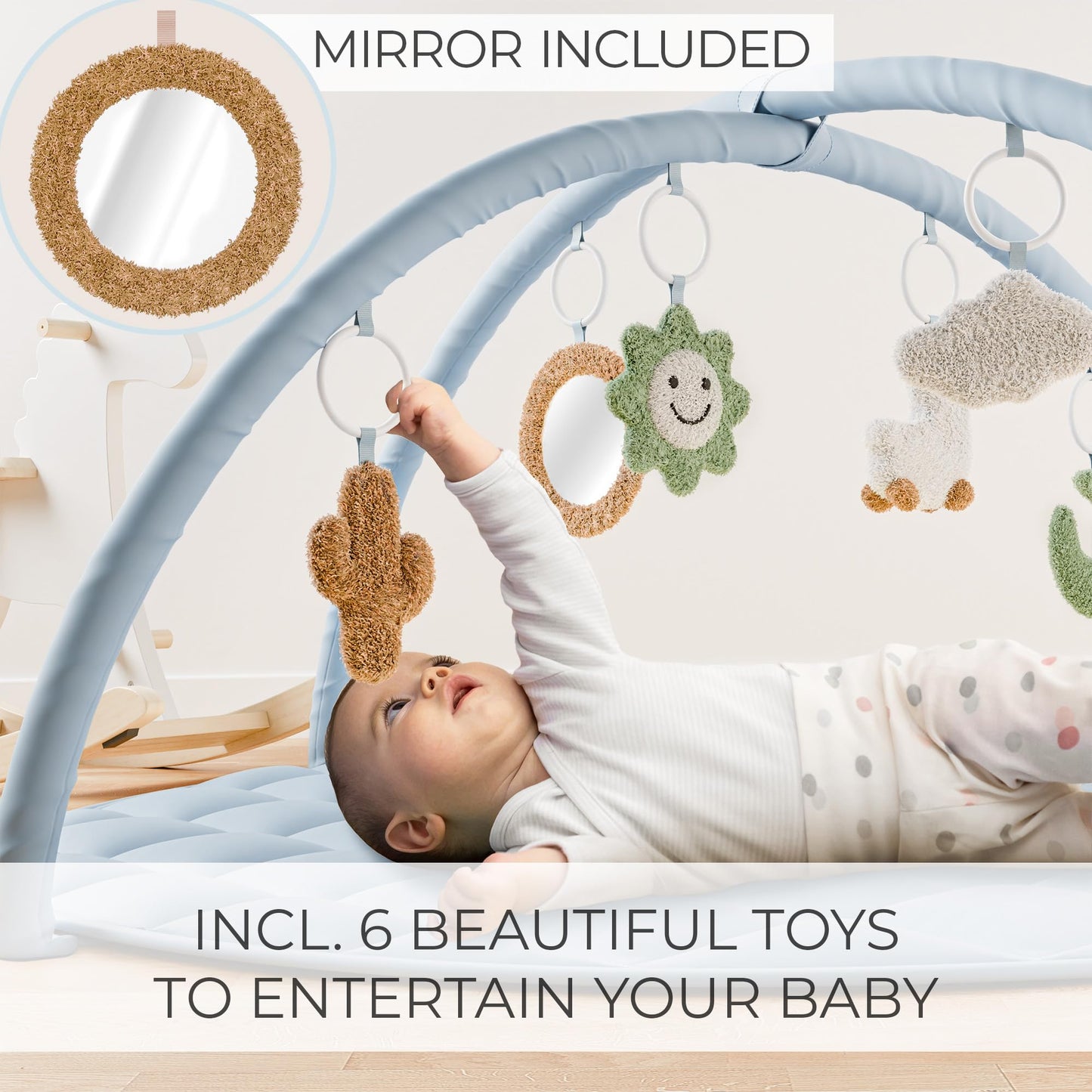 Beautiful Baby Play Gym and Tummy Time Mat - Soft Cotton Mat with 6 Cute Toys Creates The Perfect Activity Area for Your Girl/Boy - Stylish Infant Floor Playmat Fits Nicely with Any Playroom Decor