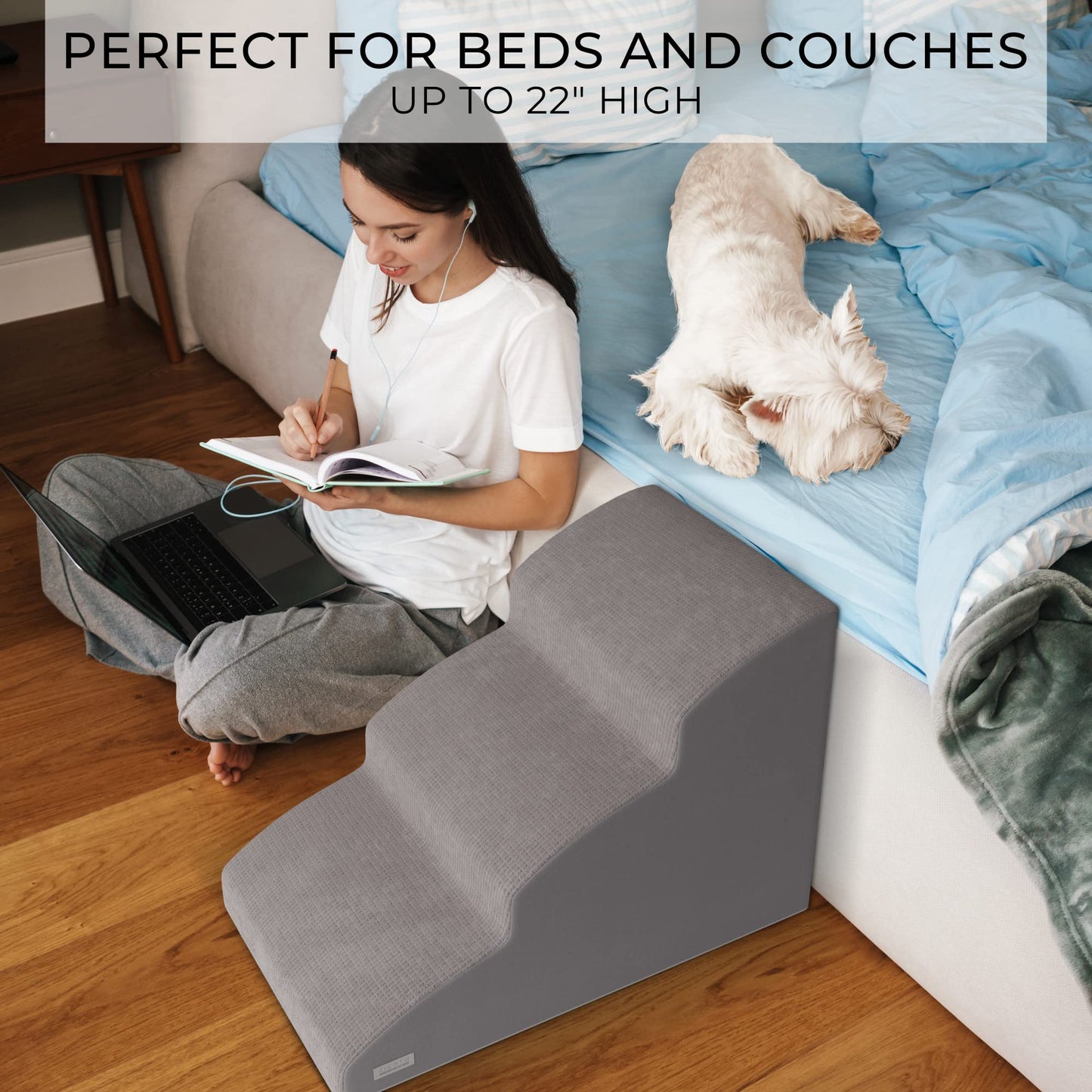 Sturdy Dog Stairs and Ramp for Beds Or Couches by ZICOTO - Durable Easy to Walk on Steps 15.7" high for Small Dogs and Cats Up to 55 lbs Weight - Allows Your Pets Easy Access to Your Sofa or Bedside